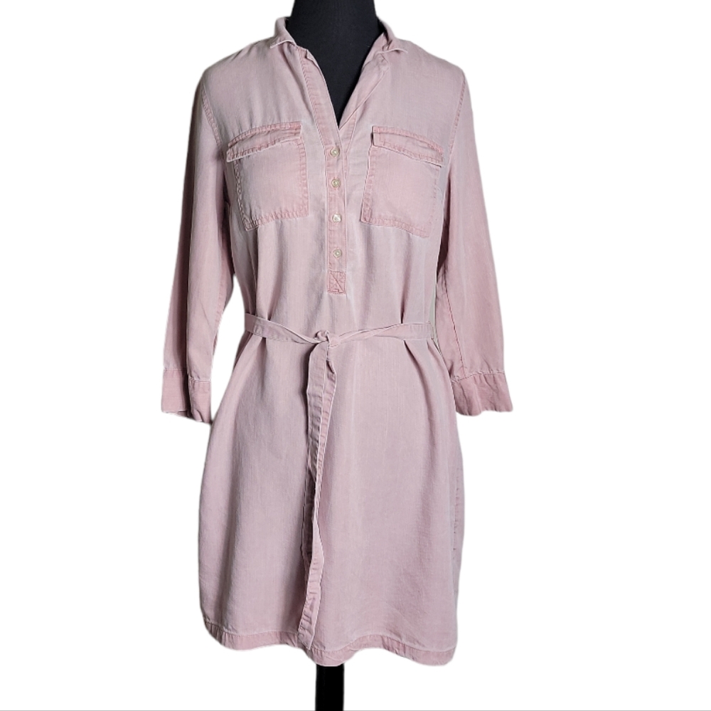 Old Navy women's pink shirt dress 3/4 sleeve button front tie waist size XS